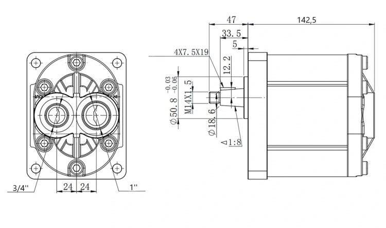 Hydraulische Zahnradpumpe 40ccm 60L, Hydraulikpumpe BG 3, Rechtsdrehrichtung. Sauganschluss: 1'' ; Druckanschluss: 3/4". Drehrichtung: rechts