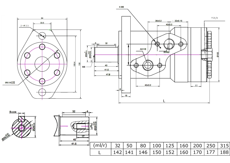 Hydraulikmotor PRESKO, Ölmotor, Gerotormotor OMR BMR 32, Welle: 25 mm, 6,41 kW