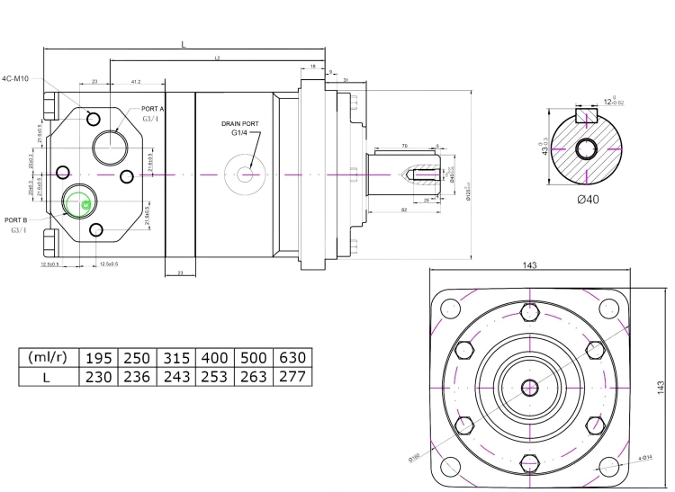Hydraulikmotor, Ölmotor, Orbitmotoren BMT, OMZT, OMST, OMT BM6 500, Welle: 40 mm