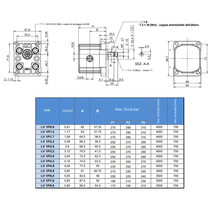 Hydraulische Zahnradpumpe Vivolo 3,8 ccm, Hydraulikpumpe BG 1, Rechtsdrehrichtung, Ölanschlüsse 3/8" - kurze Version