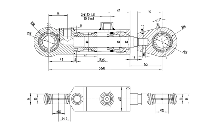 Hydraulikzylinder Doppeltwirkender CJ2F-40/22/350, Gelenkauge: 25mm