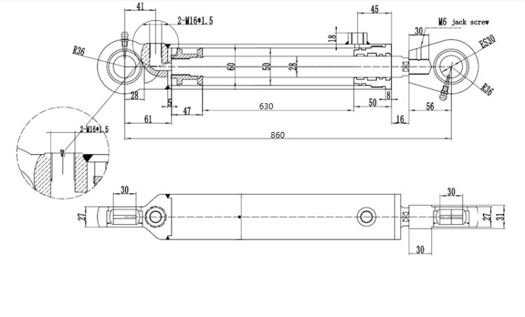 Hydraulikzylinder Doppeltwirkender CJ2F-50/28/630, Gelenkauge: 30mm