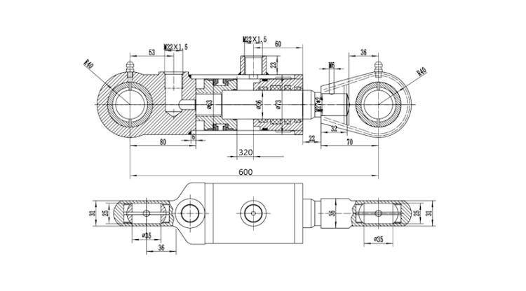 Hydraulikzylinder Doppeltwirkender CJ2F-63/36/320, Gelenkauge: 35mm