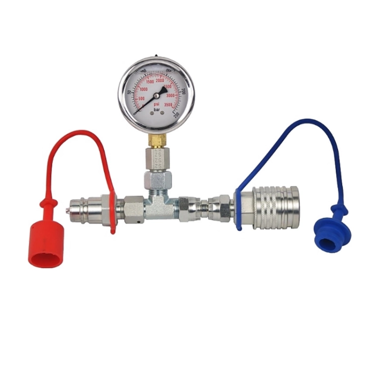 Hydraulik Prüfanschluss mit Glyzerin Manometer 0-400 BAR 63mm. Set mit Schnellkupplungen EURO ISO