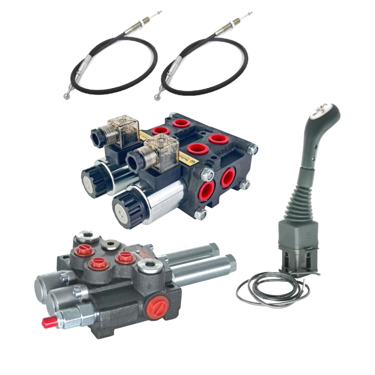 Frontlader Steuergeräte - Steuerventil 1xDW 1xEW 40L mit Joystick, Umschaltventil 8/2 12V und 2x Bowdenzug mit Kugel