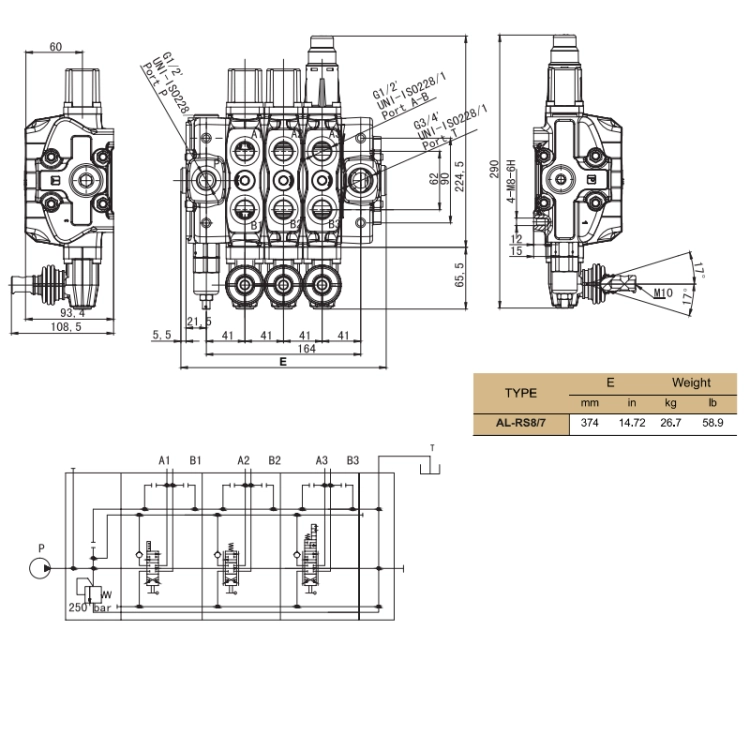 Hydraulikventil für Forstmaschinen, Forstkranen, Forwardern. Handsteuerventil 7-fach, 80L/min