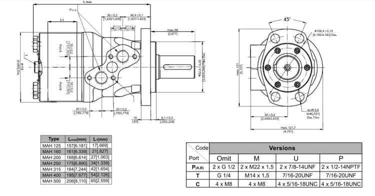 Hydraulikmotor, Ölmotor, Gerotormotor MAH 500, Welle: 35 mm -  Datennbaltt