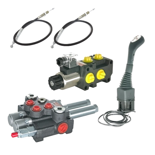 Frontlader Steuergeräte - Steuerventil 2xDW 40L mit Joystick, Umschaltventil 6/2 12V und 2x Bowdenzug mit Kugel
