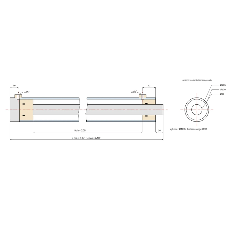Hydraulikzylinder Doppeltwirkender 100/50/200, Ohne Gelenkauge