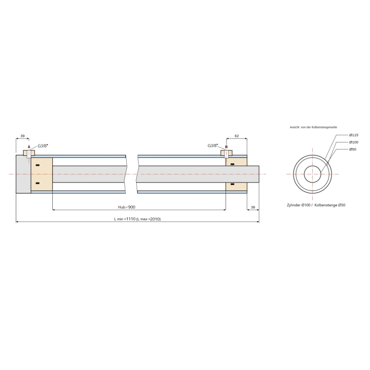 Hydraulikzylinder universell doppeltwirkend 100/50/900, Ohne Gelenkauge