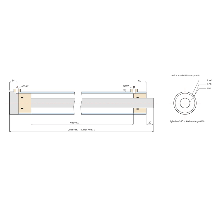 Hydraulikzylinder universell doppeltwirkend 80/50/500, Ohne Gelenkauge