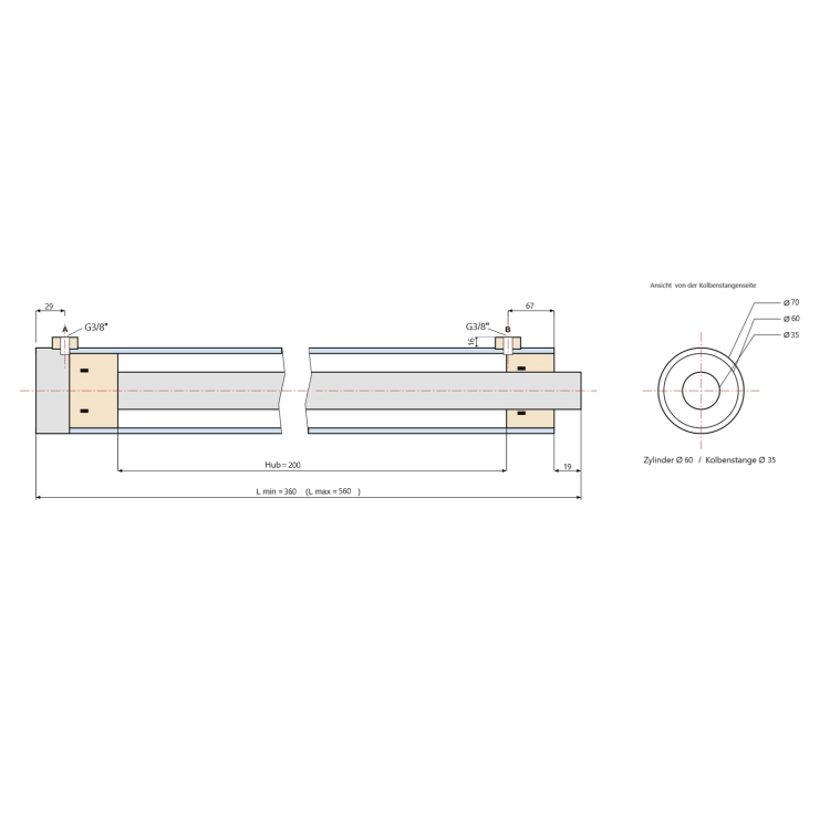 Hydraulikzylinder universell doppeltwirkend 60/35/200, Ohne Gelenkauge